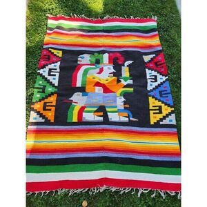 Vintage‎ Mexican Ceremonial Blanket Wool Rug Weaving Bright Colors 55x75